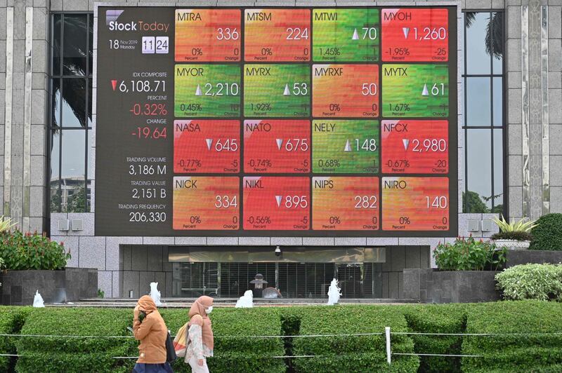 Pedestrians walk past a giant screen showing stocks trading information in Jakarta on November 18, 2019. / AFP / ADEK BERRY

