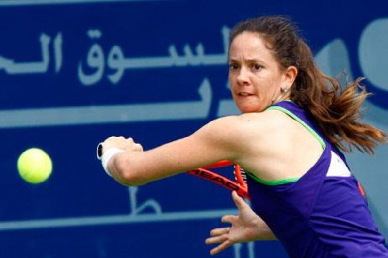 Patty Schnyder lines up a backhand against Samantha Stosur in Dubai yesterday.
