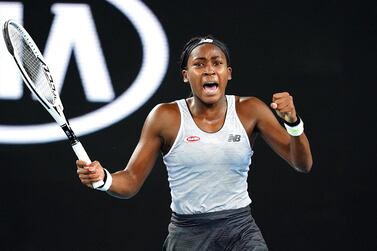 Coco Gauff celebrates after beating Venus Williams in their first round match at the Australian Open. EPA