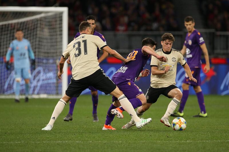 Manchester United winger Daniel James in action against Perth Glory. Getty Images