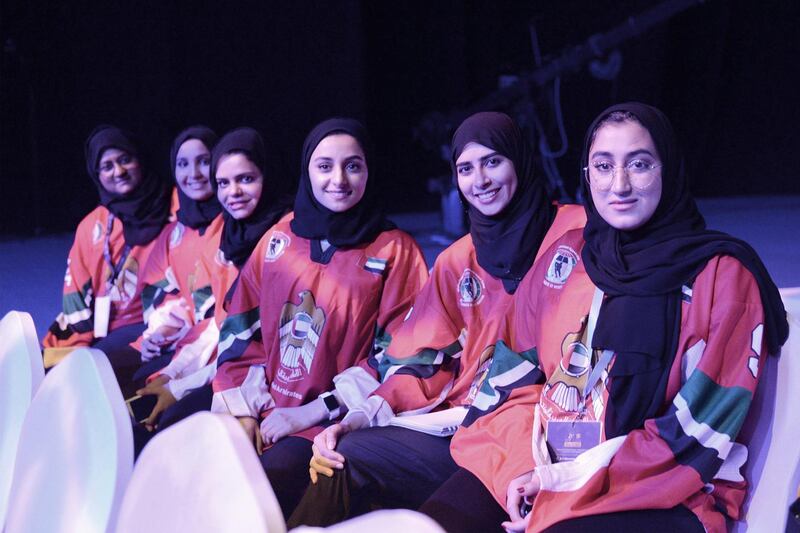 From left Muna Al Dhaheri,Lateefa Al Sawaidi,Fatema Al Qubaisi,Khulood Sugaa, Fatima Al Ali, Mariam Al Mazrouei, UAE's Ice Hockey team, during The 4th International Conference of Sports for Women ,which held at ADNEC , Abu Dhabi,UAE, Vidhyaa for The National