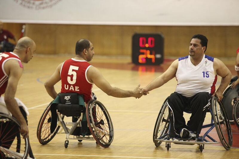 The UAE's men's wheelchair basketball team in action against Jordan at Al Ahli Sports Club in Dubai. Lee Hoagland / The National