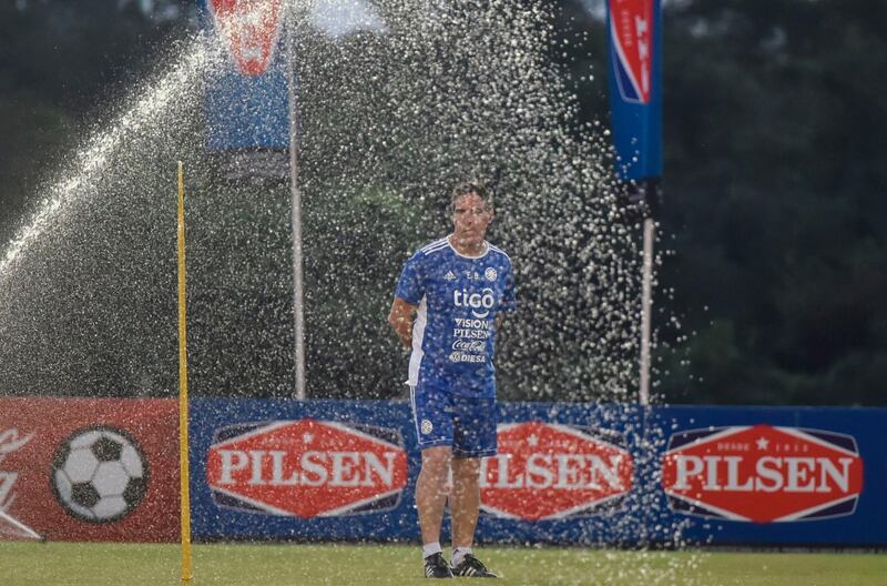 Paraguay coach Eduardo Berizzo conducts a training session at Albiroga Complex in Ypane, near Asuncion, on June 7,  2019, in preparation for the upcoming Copa America Brazil 2019. AFP