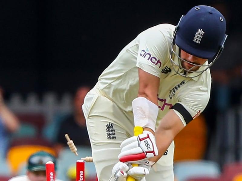 England's Rory Burns is out bowled off the first ball during day one of the first Ashes Test between Australia and England at the Gabba in Brisbane. AP