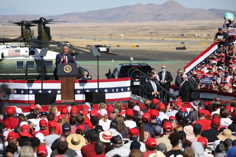 PRESCOTT, AZ - OCTOBER 19: U.S. President Donald Trump speaks at a Make America Great Again campaign rally on October 19, 2020 in Prescott, Arizona. With almost two weeks to go before the November election, President Trump is back on the campaign trail with multiple daily events as he continues to campaign against Democratic presidential nominee Joe Biden.   Caitlin O'Hara/Getty Images/AFP
== FOR NEWSPAPERS, INTERNET, TELCOS & TELEVISION USE ONLY ==
