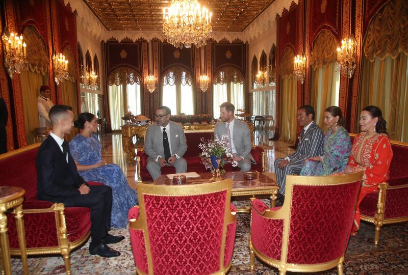 Inside the royal residence, the Duke and Duchess of Ca,bridge sit down with Moulay Hassan, Crown Prince of Morocco, Princess Lalla Meryem of Morocco, Princess Lalla Hasna of Morocco and King Mohammed VI of Morocco. Getty Images