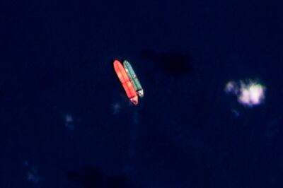 A satellite image shows the Virgo, left, and the Suez Rajan in the South China Sea on February 13, 2022. AP Photo