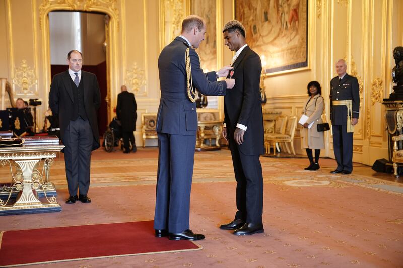 On Tuesday England and Manchester United footballer Marcus Rashford was made an MBE by Prince William at Windsor Castle. Rashford received the honour for his campaign to help disadvantaged children. PA