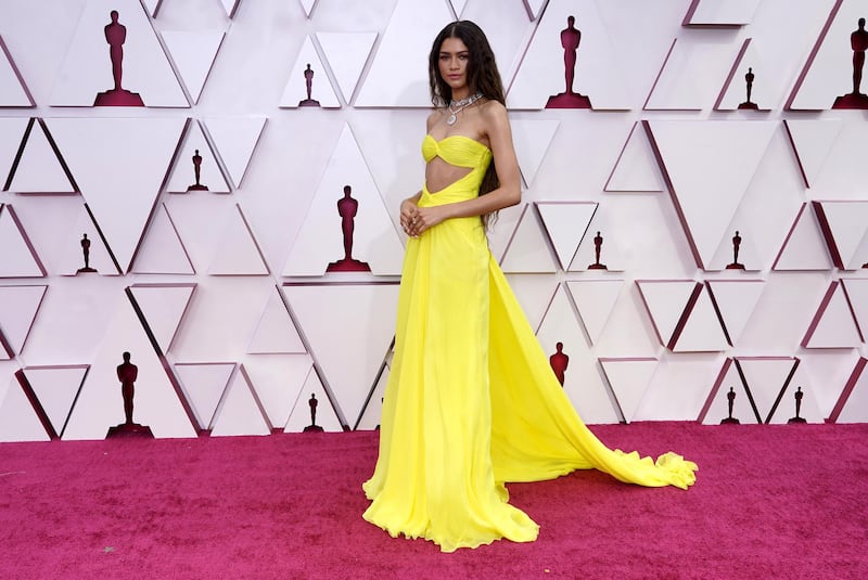 epa09160350 Zendaya arrives for the 93rd annual Academy Awards ceremony at Union Station in Los Angeles, California, USA, 25 April 2021. The Oscars are presented for outstanding individual or collective efforts in filmmaking in 24 categories. The Oscars happen two months later than originally planned, due to the impact of the coronavirus COVID-19 pandemic on cinema. 