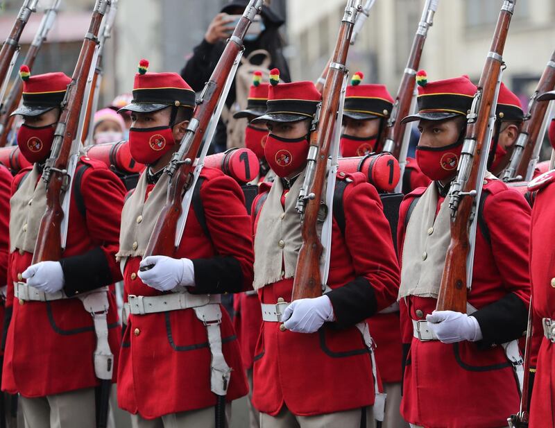 The Colorados Regiment of Bolivia attend the commemoration of the Day of the Sea, in La Paz, Bolivia. This marks 142 years since Bolivia lost 120,000 kilometres of its coastline to Chile, in the War of the Pacific. EPA