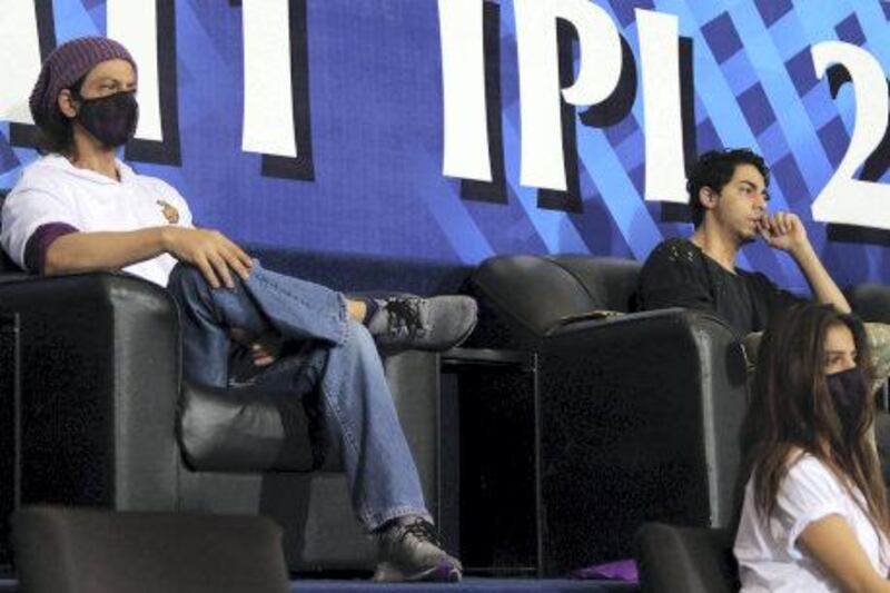 Shahrukh Khan KKR owner with his son Aryan khan during match 21 of season 13 of the Dream 11 Indian Premier League (IPL) between the Kolkata Knight Riders and the Chennai Super Kings at the Sheikh Zayed Stadium, Abu Dhabi  in the United Arab Emirates on the 7th October 2020.  Photo by: Rahul Goyal  / Sportzpics for BCCI