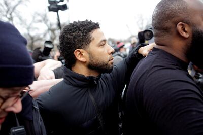 FILE PHOTO: Jussie Smollett exits Cook County Department of Corrections after posting bail in Chicago, Illinois, U.S., Feb. 21, 2019.  REUTERS/Joshua Lott/File Photo