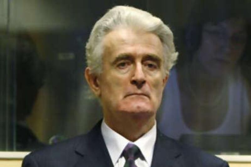 Radovan Karadzic in the court room of the International Criminal Tribunal for the Former Yugoslavia at the start of his initial appearance in The Hague in August this year.