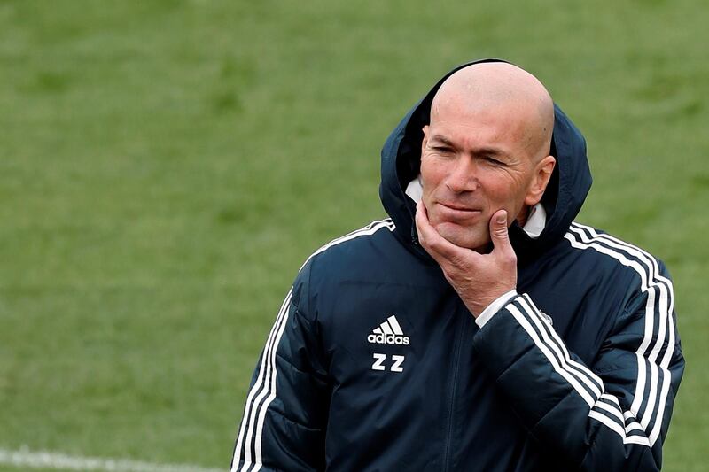 epa07517099 Real Madrid's head coach, Zinedine Zidane, attends the team's training session at Valdebebas sports city in Madrid, Spain, 20 April 2019. Real Madrid will be facing Athletic de Bilbao 21 April 2019 in a Spanish LaLiga match.  EPA/Chema Moya
