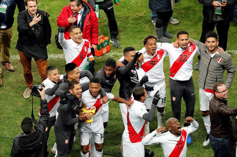 Peru's players celebrate their victory during the Copa America 2019 semi-finals soccer match between Chile and Peru, at Arena do Gremio Stadium in Porto Alegre, Brazil. EPA
