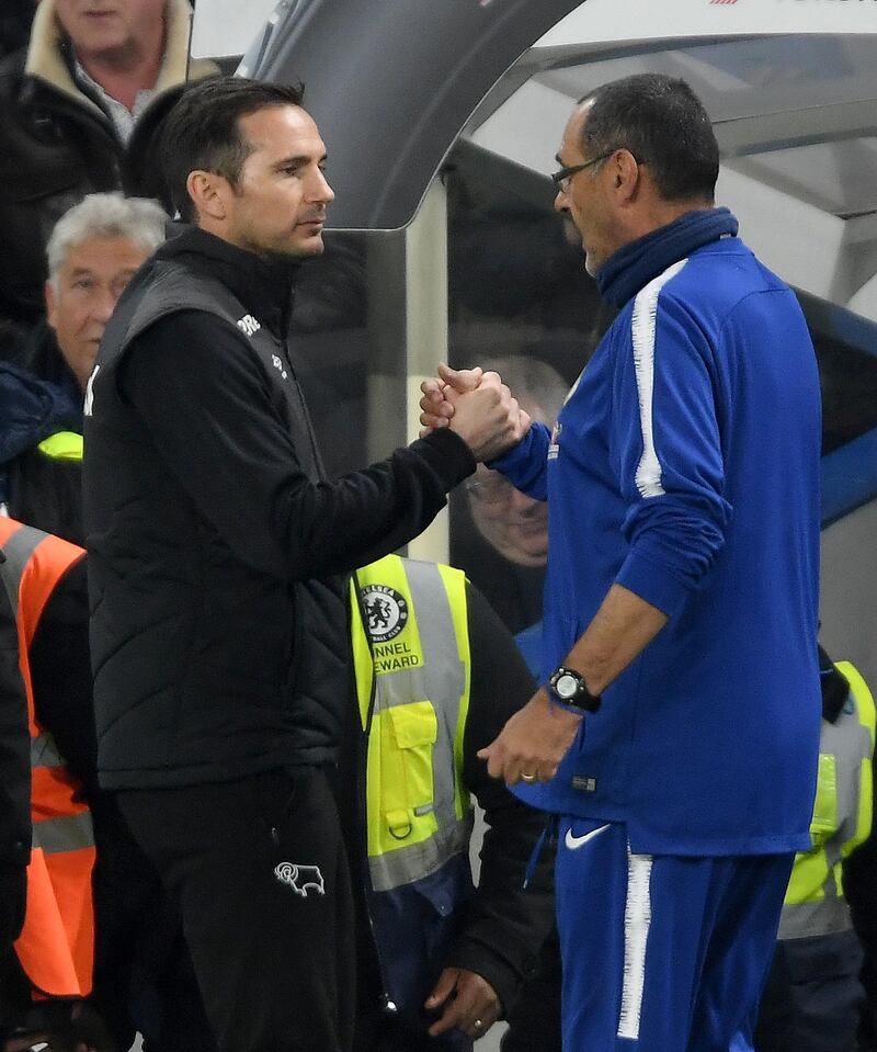 Frank Lampard and Chelsea manager Maurizio Sarri shake hands after the match. Getty Images