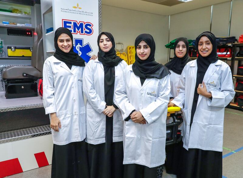 Abu Dhabi, United Arab Emirates, July 2, 2019.  “Future Medical Stars”, in collaboration with VPS Healthcare and Fatima College for Health and Sciences, they will be launching a new initiative that focuses on the role of nurses in research. --  (L-R)   Amira Hamad Alkaabi,  Mariam Ali, Mariam Khamis Alshamsi, Shamsa Slayem Al Ameri and Jawaher Obaid Alalawi.
Victor Besa/The National
Section:  NA
Reporter:  Shireena Al Nowais