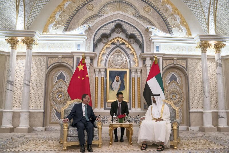 ABU DHABI, UNITED ARAB EMIRATES -October 29, 2018: HH Sheikh Mohamed bin Zayed Al Nahyan, Crown Prince of Abu Dhabi and Deputy Supreme Commander of the UAE Armed Forces (R), meets with HE Wang Qishan, Vice President of China (L), at the Presidential Palace.
( Hamad Al Kaabi / Crown Prince Court - Abu Dhabi )