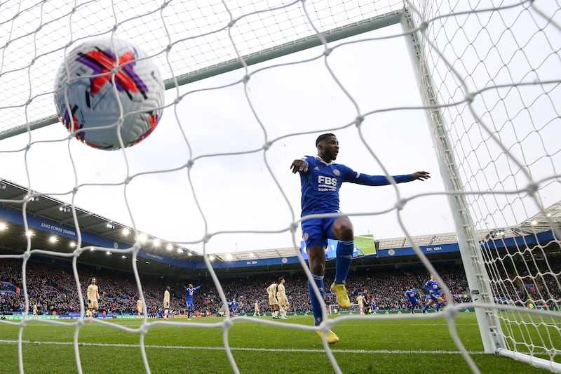Kelechi Iheanacho of Leicester City celebrates after 
Patson Daka scores. Getty