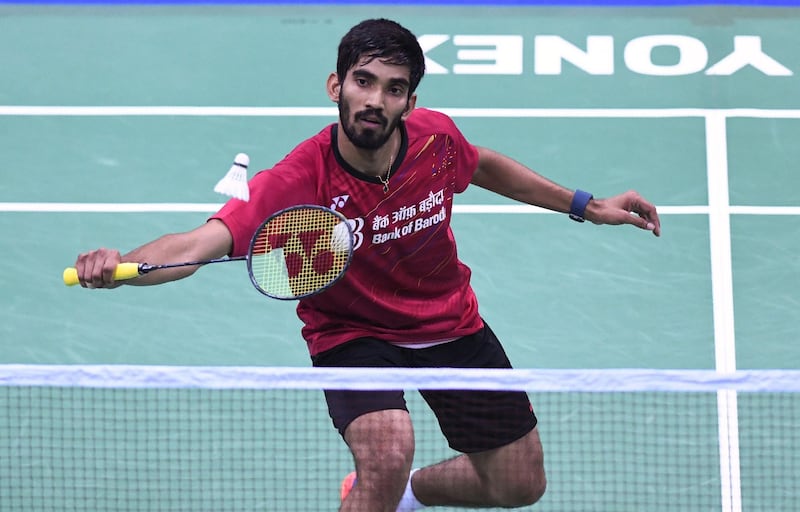 This photo taken on February 1, 2018 shows Indian badminton player Kidambi Srikanth hitting a return during his singles match at the Yonex Indian Open 2018 at the Siri Fort sports complex in New Delhi.
Indian badminton is entering a golden era with an army of new stars aiming for Commonwealth Games and Asian Games success this year, says the country's top-ranked star Kidambi Srikanth. / AFP PHOTO / SAJJAD HUSSAIN / TO GO WITH Badminton-IND-Srikanth, INTERVIEW by Faisal KAMAL