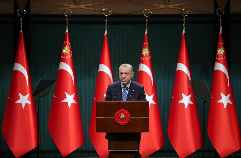 Turkish President Tayyip Erdogan gives a statement after a cabinet meeting in Ankara, Turkey, May 17, 2021. Murat Cetinmuhurdar/PPO/Handout via REUTERS THIS IMAGE HAS BEEN SUPPLIED BY A THIRD PARTY. NO RESALES. NO ARCHIVES