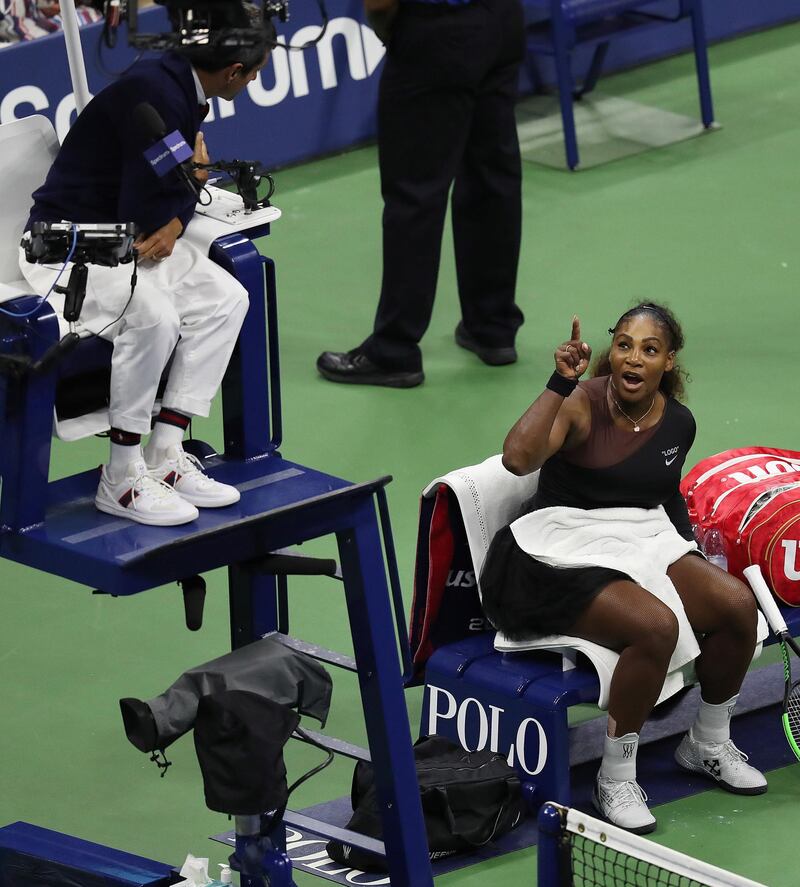 Serena Williams gestures towards chair umpire Carlos Ramos. EPA