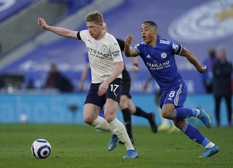 Manchester City's Kevin De Bruyne on the ball under pressure from Leicester's Youri Tielemans. EPA