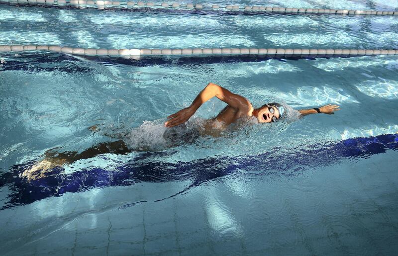 Dubai, United Arab Emirates - February 07, 2019: Para-triathlete Sebastian Jensen trains for the Abu Dhabi triathlon and hopes to make the paralympics in Tokyo. Thursday the 7th of February 2019 in Sports City, Dubai. Chris Whiteoak / The National