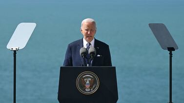 US President Joe Biden delivers a speech on Pointe du Hoc clifftop as part of the D-Day commemorations marking the 80th anniversary of the Second World War Allied landings in Normandy. AFP