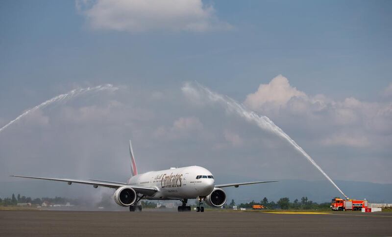 Emirates’ inaugural Boeing 777-300ER flight from Dubai touched down in Zagreb today to a water cannon salute and traditional Croatian folk dancers, with more than 350 passengers on board. Courtesy Emirates