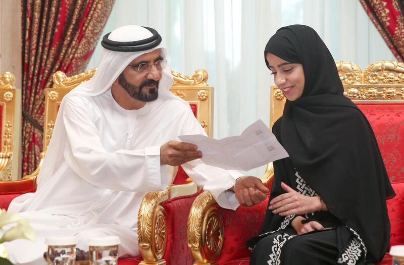 Sheikh Mohammed bin Rashid, Vice President and Ruler of Dubai, met top-ranking students at Zabeel Palace. Wam