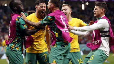 Mathew Leckie (2L) of Australia celebrates with teammates after scoring the 1-0 during the FIFA World Cup 2022 group D soccer match between Australia and Denmark at Al Janoub Stadium in Al Wakrah, Qatar, 30 November 2022.   EPA / Rolex dela Pena