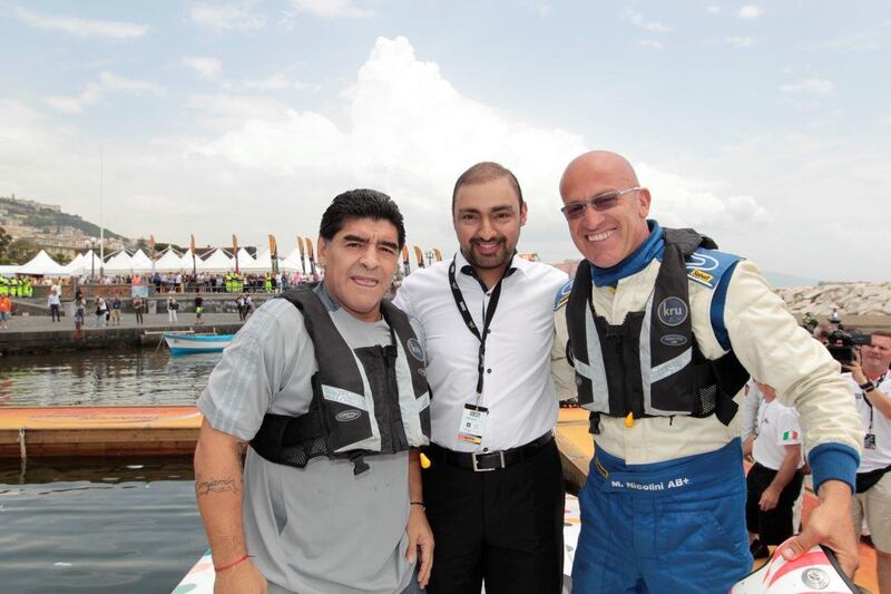 Argentinean football legend Diego Maradona got his first taste of driving an XCAT powerboat at the third round of the UIM Skydive Dubai XCAT World Series in Naples, Italy. Photo Courtesy: XCAT World Series