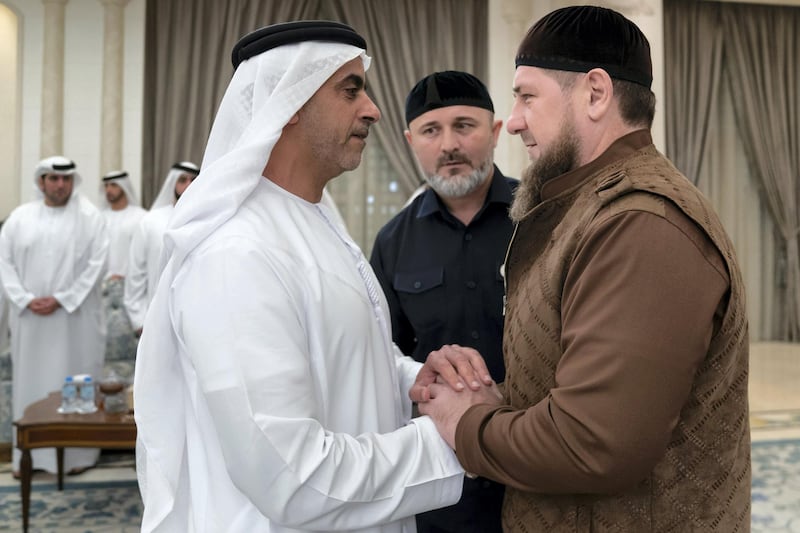 ABU DHABI, UNITED ARAB EMIRATES - November 21, 2019: HE Ramzan Kadyrov, President of the Chechnya (R), offers condolences to HH Lt General Sheikh Saif bin Zayed Al Nahyan, UAE Deputy Prime Minister and Minister of Interior (L) on the passing of the late HH Sheikh Sultan bin Zayed Al Nahyan, at Al Mushrif Palace.

( Rashed Al Mansoori / Ministry of Presidential Affairs )
---