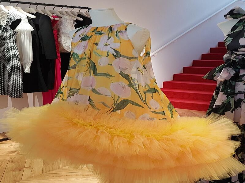 A babydoll dress with a tulle hem at Carolina Herrera for spring/summer 2023.