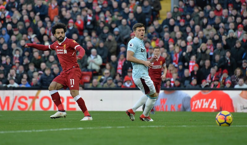 Mohamed Salah scores against West Ham on Febraury 24, 2018 at Anfield. Peter Powell / Reuters