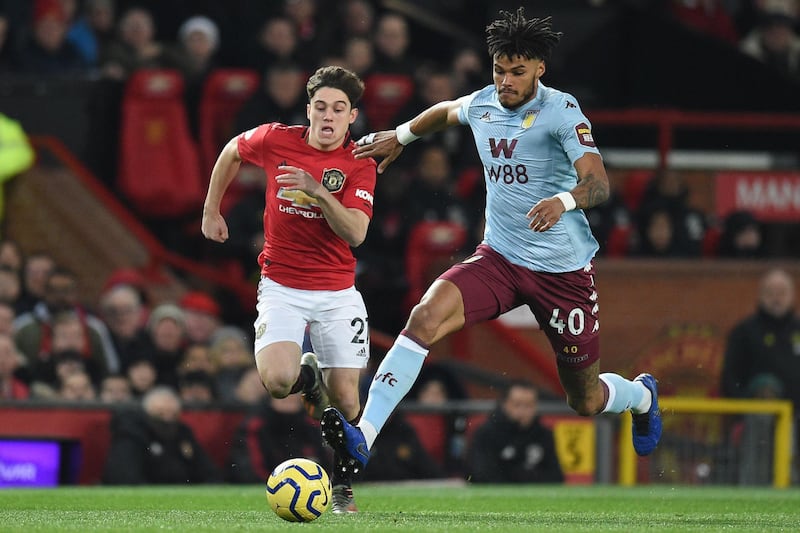 Manchester United's Welsh midfielder Daniel James (L) vies with Aston Villa's English defender Tyrone Mings. AFP
