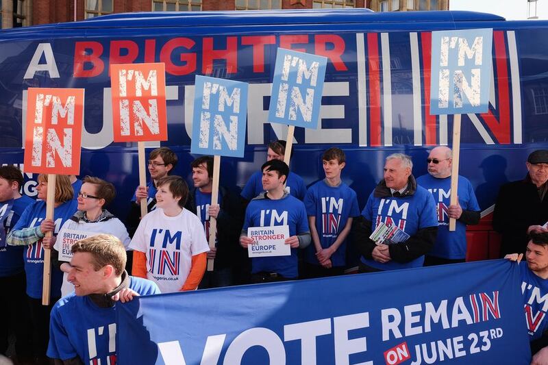 Supporters of the campaign for Britain to stay in the European Union rally at Northumbria University’s city campus in Newcastle-upon-Tyne. Ian Forsyth / Getty Images