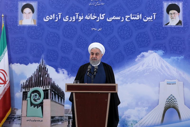 epa07973680 A handout photo made available by the Iranian Presidential Office shows Iranian President Hassan Rouhani speaking during a ceremony at the Noavari factory in Tehran, Iran, 05 November 2019. According to media reports, Rouhani announced the country's fourth step in reducing its nuclear commitment to the Joint Comprehensive Plan of Action (JCPOA). Tehran will begin injecting uranium gas into 1,044 advanced centrifuges.  EPA/IRANIAN PRESIDENTIAL OFFICE HANDOUT  HANDOUT EDITORIAL USE ONLY/NO SALES
