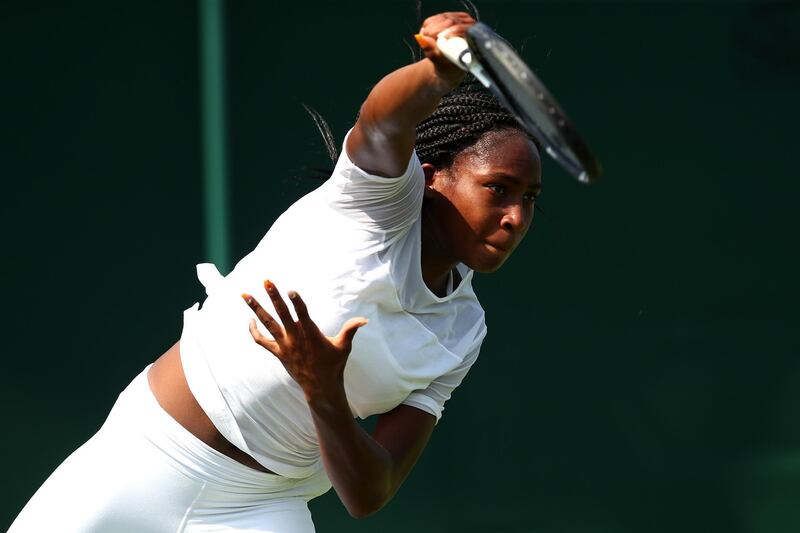 LONDON, ENGLAND - JUNE 29: Cori Gauff of The United States during a practice session ahead of The Championships - Wimbledon 2019 at All England Lawn Tennis and Croquet Club on June 29, 2019 in London, England. (Photo by Clive Brunskill/Getty Images)