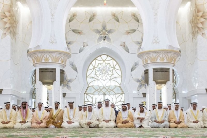 Sheikh Mohammed bin Zayed, Crown Prince of Abu Dhabi and Deputy Supreme Commander of the Armed Forces, attends Eid Al Fitr prayers at the Sheikh Zayed Grand Mosque. Sheikh Mansour bin Zayed , Deputy Prime Minister and Minister of Presidential Affairs, Sheikh Tahnoon bin Zayed, National Security Advisor, Sheikh Saif bin Zayed, Deputy Prime Minister and Minister of Interior, Sheikh Nahyan bin Zayed, Chairman of the Board of Trustees of Zayed bin Sultan Al Nahyan Charitable and Humanitarian Foundation, Sheikh Saeed bin Zayed, Abu Dhabi Ruler’s Representative, Sheikh Hazza bin Zayed, Vice Chairman of the Abu Dhabi Executive Council, Sheikh Saif bin Mohamed Al Nahyan, HH Sheikh Suroor bin Mohamed Al Nahyan, Sheikh Mohammed bin Butti, Sheikh Nahyan bin Mubarak, Minister of Culture and Knowledge Development, and Sheikh Rashid bin Hamdan. Ryan Carter / Crown Prince Court – Abu Dhabi