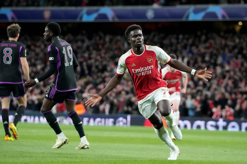 Bukayo Saka celebrates after scoring the opening goal for Arsenal against Bayern Munich. AP