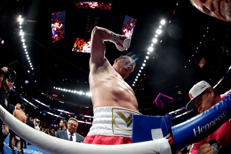 Canelo Alvarez reacts after the WBA light heavyweight title fight against Dmitry Bivol at T-Mobile Arena.