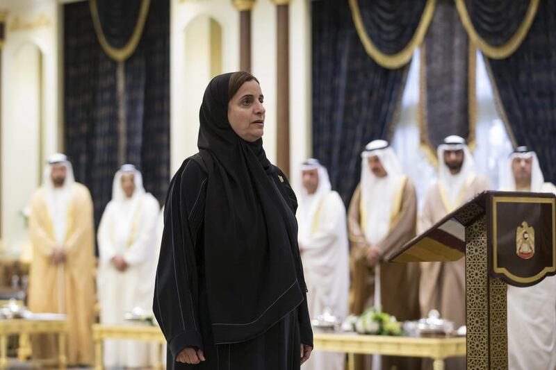 Sheikha Lubna Al Qasimi Minister of State for Tolerance, gives an oath during a swearing-in ceremony for ministers of the United Arab Emirates.