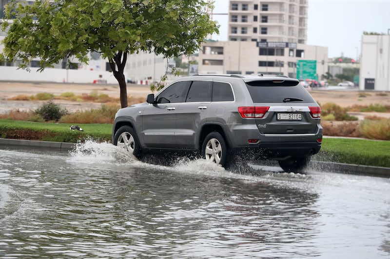 Waterlogged streets after heavy rain in the Al Furjan area of Dubai. Pawan Singh / The National