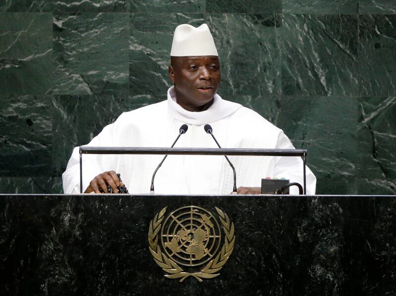 FILE - In this Sept. 25, 2014, file photo, Gambia's President Yahya Jammeh addresses the 69th session of the United Nations General Assembly at the United Nations headquarters.  A Gambian beauty pageant winner has accused the country's former dictator of raping her four years ago, the latest allegation of human rights abuses committed by Jammeh, the ex-president now living in exile in Equatorial Guinea. Fatou "Toufah" Jallow, now 23, made an announcement to journalists Tuesday, June 25, 2019,  and said she plans to testify later this year before Gambia's truth and reconciliation commission, which is investigating abuses committed under the Jammeh regime.(AP Photo/Frank Franklin II, File)