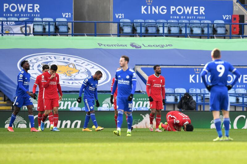 LEICESTER, ENGLAND - FEBRUARY 13: Mohamed Salah of Liverpool celebrates after scoring their side's first goal during the Premier League match between Leicester City and Liverpool at The King Power Stadium on February 13, 2021 in Leicester, England. Sporting stadiums around the UK remain under strict restrictions due to the Coronavirus Pandemic as Government social distancing laws prohibit fans inside venues resulting in games being played behind closed doors. (Photo by Paul Ellis - Pool/Getty Images)