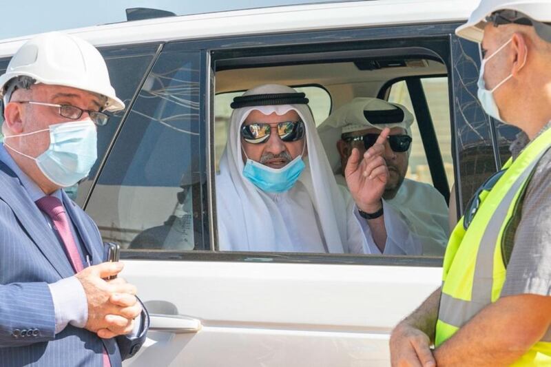 Sheikh Hamad bin Mohammed Al Sharqi reviewed the progress of the Dibba Fujairah Sports Club Stadium project in Al Ras, Dibba Fujairah, on November 8. Wam