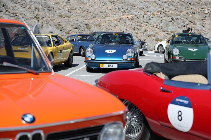 Cars at the top of Jebel Jais in Ras Al Khaimah on the second day of the 1000 Miglia Experience UAE Prologue. All photos: Chris Whiteoak / The National