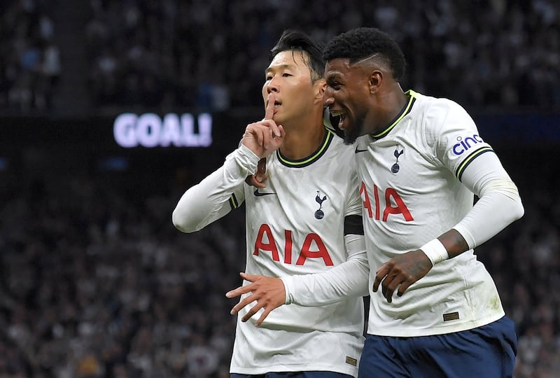 Son Heung-min with teammate Emerson Royal after adding the fifth. EPA